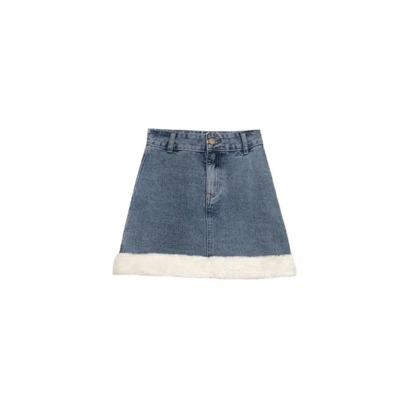 Autumn Winter Denim Skirt Suits Denim Imitation Lamb Jeans Coat Women High Sense High Street Sweet Cool Two Piece Set Skirt