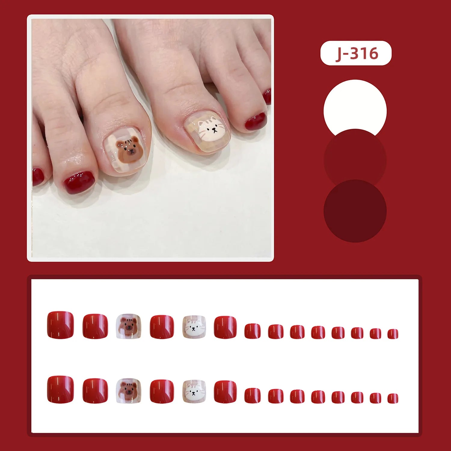 24pcs Summer Cute Press on Toenails Cartoon Cat Bear Print False Toe Nails Wearable Sweet Red Korean Style Fake Toenails