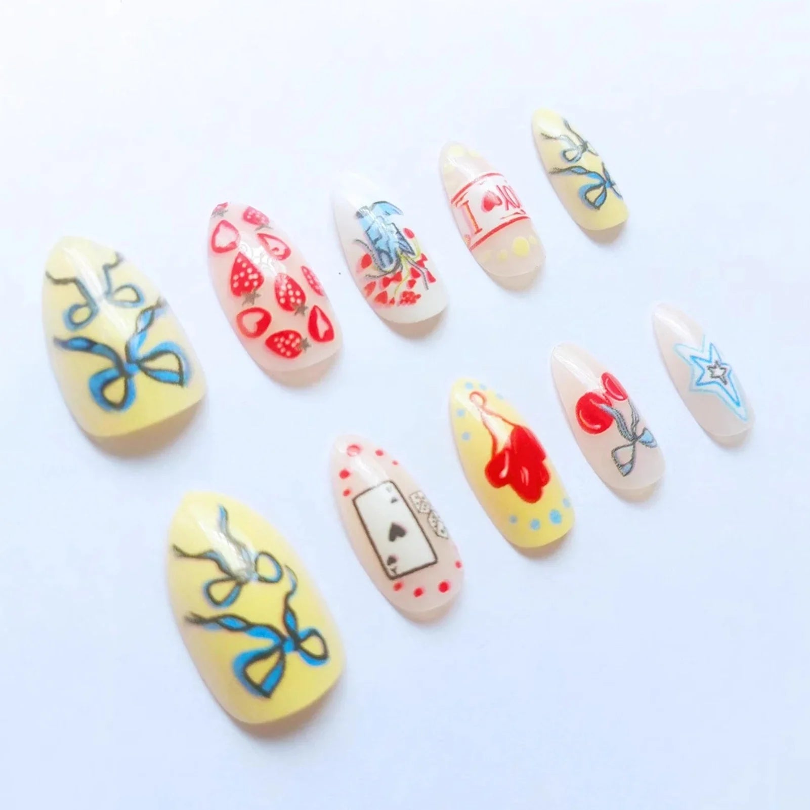 Y2K Girls Almond Fake Nails 24Pcs Colorful Press On Nails Strawberry/Bowknot/Star Printed Party Charm Manicure Stick-on Nail Art