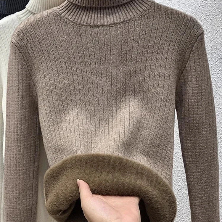 Warm Knit Pullover New Thicken Turtleneck Sweater For Winter Women Casual Slim Plush Lined Soft Long Sleeve Knitwear Jumper Tops