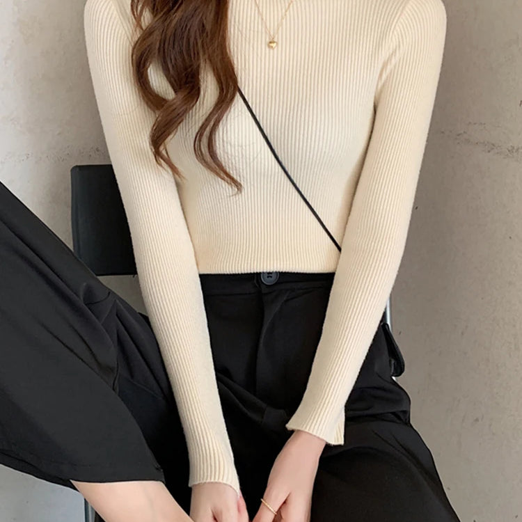 Autumn Winter Mock Neck Women Sweater Vintage Basic Solid Knitted Tops Casual Slim Pullover Korean Sweaters Simple Chic Jumpers
