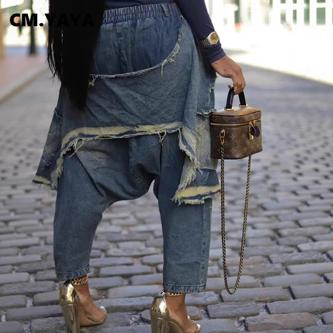 CM.YAYA Women Streetwear Ripped Out Hole Denim Pants 2025 Fall Autumn Loose Safari Style Cargo Harem Hip Hop Jeans
