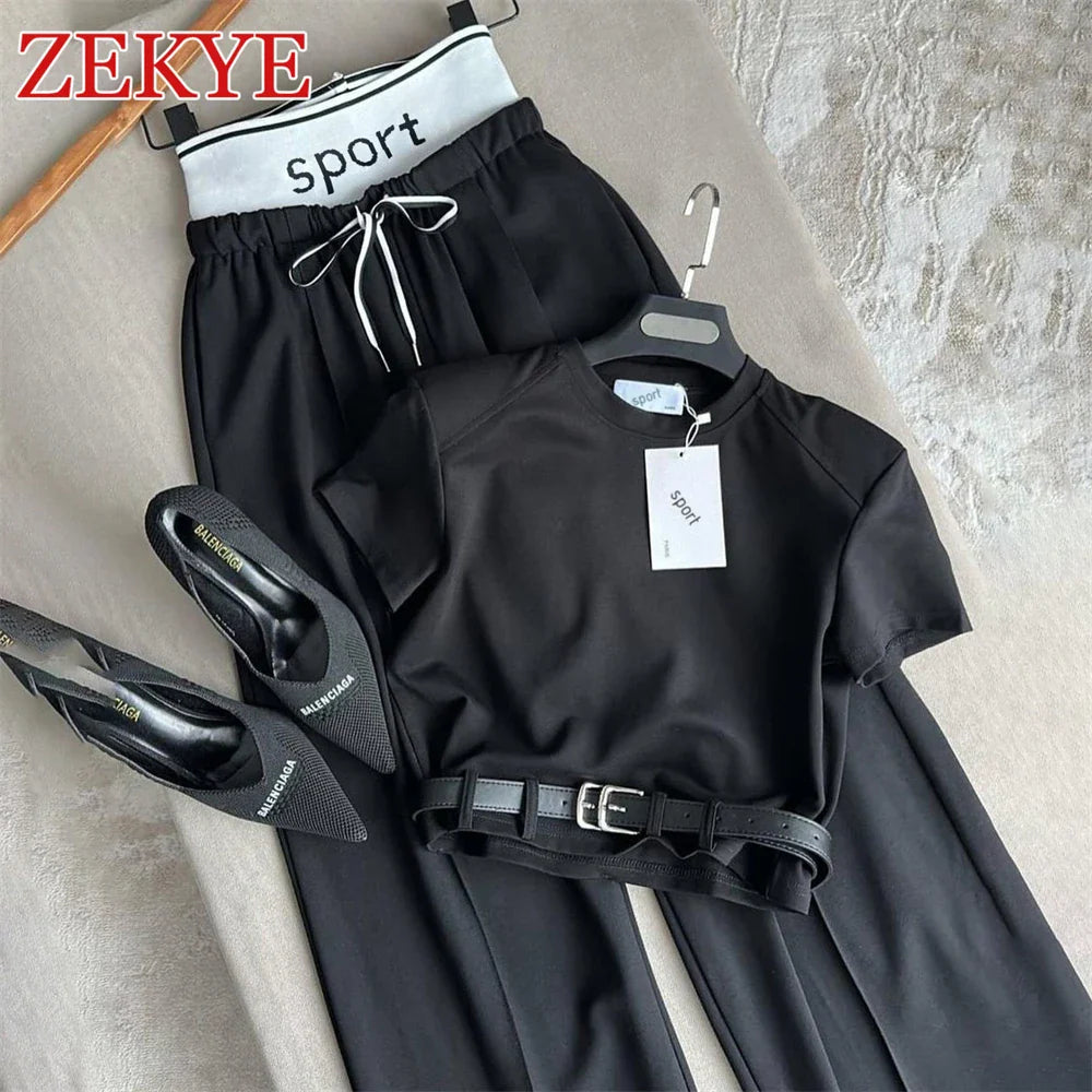 Zekye Casual White Loose Wide Leg Pants Set Women Outfit Korean Patchwork Street Style Short Sleeve T Shirts 2 Pieces Set Top Black