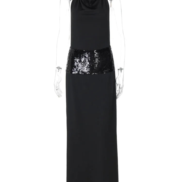 Vestido longo sexy preto com alças finas e costas nuas para mulheres, elegante, com glitter, cintura alta, gola redonda, sem mangas, elegante