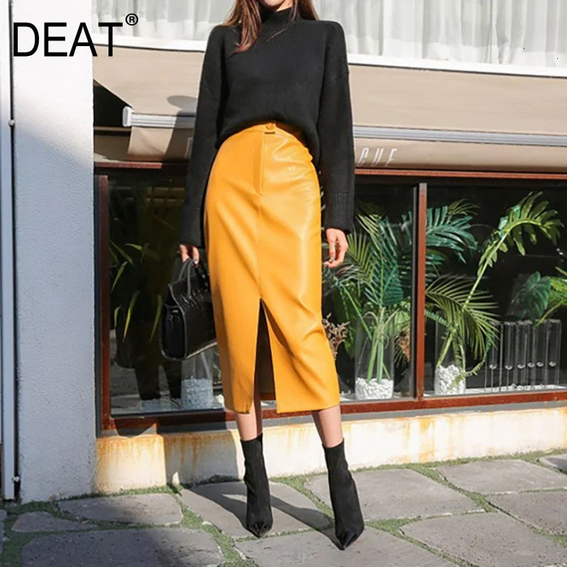 DEAT Fast Delivery New Fashion Korean Female PU Leather High Quality Mid-calf Length Spit Sexy High Waist Skirt AY095 yellow