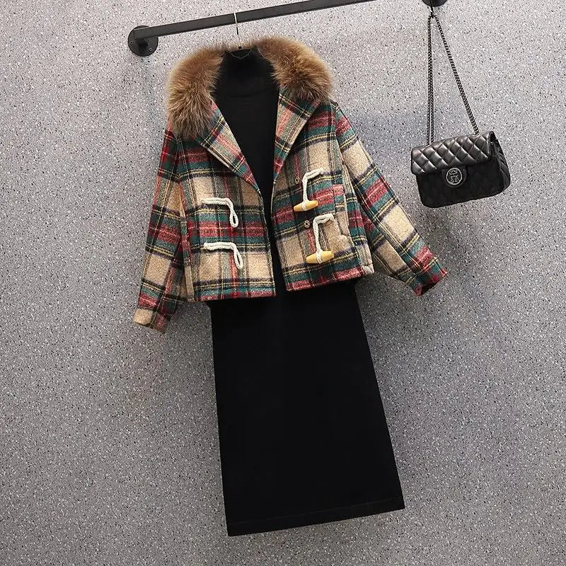 Winter New Korean Style Plush Thickened Plush Neck Jacket Knitted Dress Two Piece Elegant Women's Dress Set