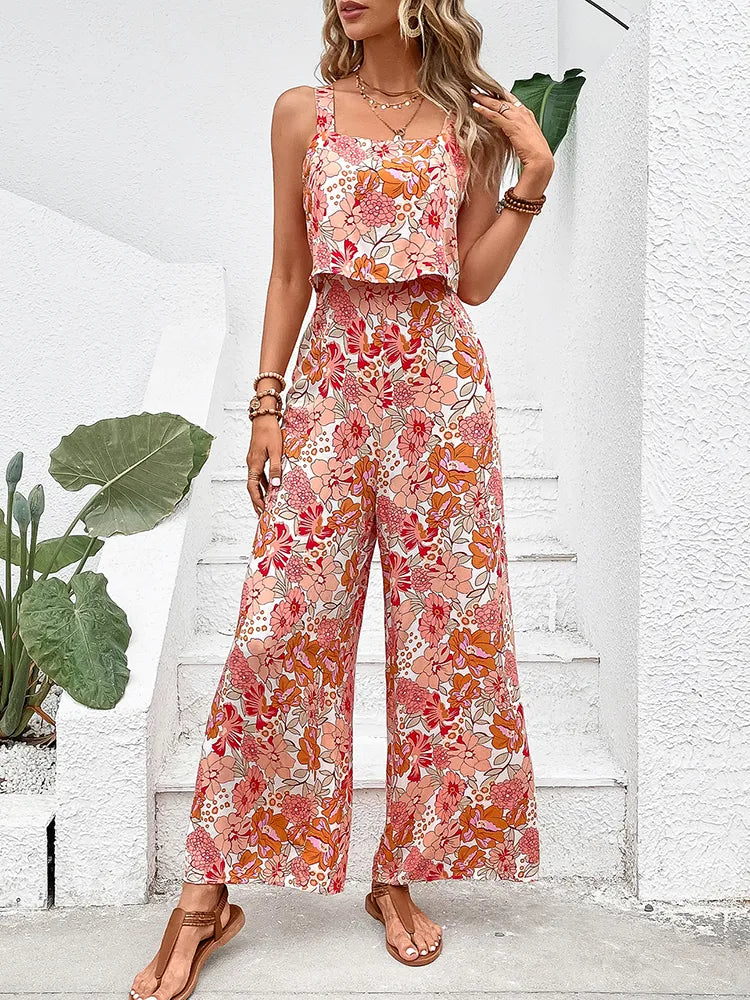 Elegant Long Jumpsuit Women Sexy Backless Wide Leg Jumpsuits Casual Sleeveless Floral Rompers Summer Clothes For Woman 2023 New Mixed Color