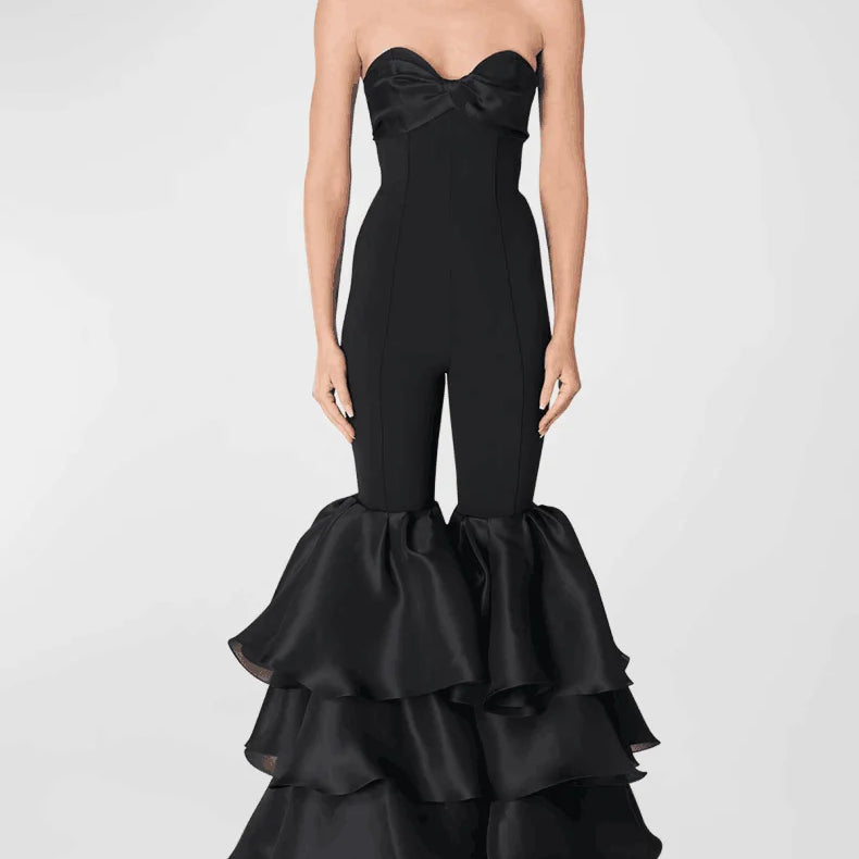 Black Color High Street Women Sexy Strapless Ruffles Wide Leg Jumpsuit Bandage Fashion Evening Party Cocktail Jumpsuit