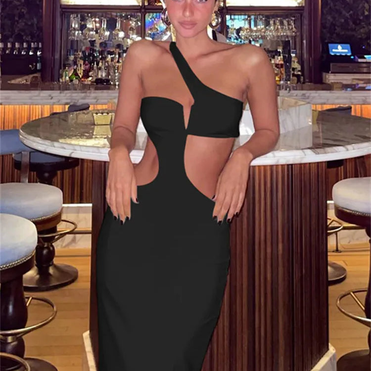 Kliou Off Shoulder Sexy Hollow Out Maxi Dress Women Concise Solid Sleeveless Body-shaping Vestido Female Evening Party Clothing black