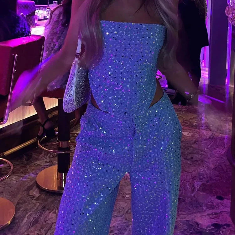 BKQU Fashion Sequins 2 Piece Pants Set Women Sexy Strapless Tank Tops and Loose Long Pants Female Luxury Party Club Chic Outfits