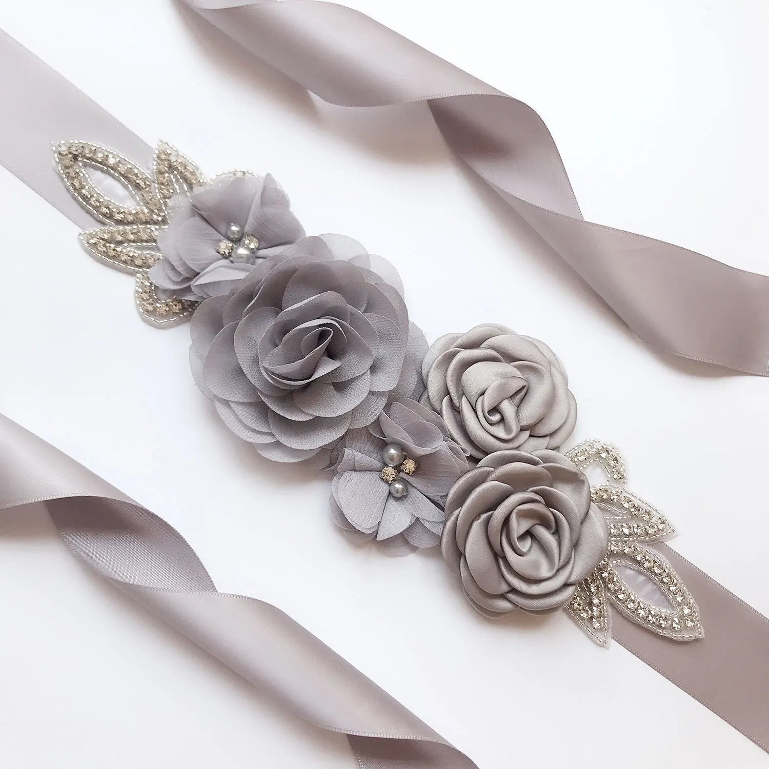 Wedding Accessories Bridal Belts Satin Flower Sash Woman Girl Belts Flower Bead Belts Floral Belt Wedding Rhinestone Flower Belt 1-Gray
