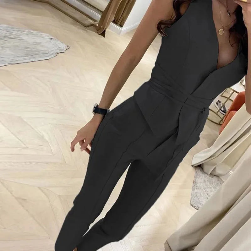Women Fashion Commute Clothes Sleeveless Outfit 2023 Summer New Suit Temperament Slim Waist Sexy Vest Pencil Pants Two-Piece Set 02 Black