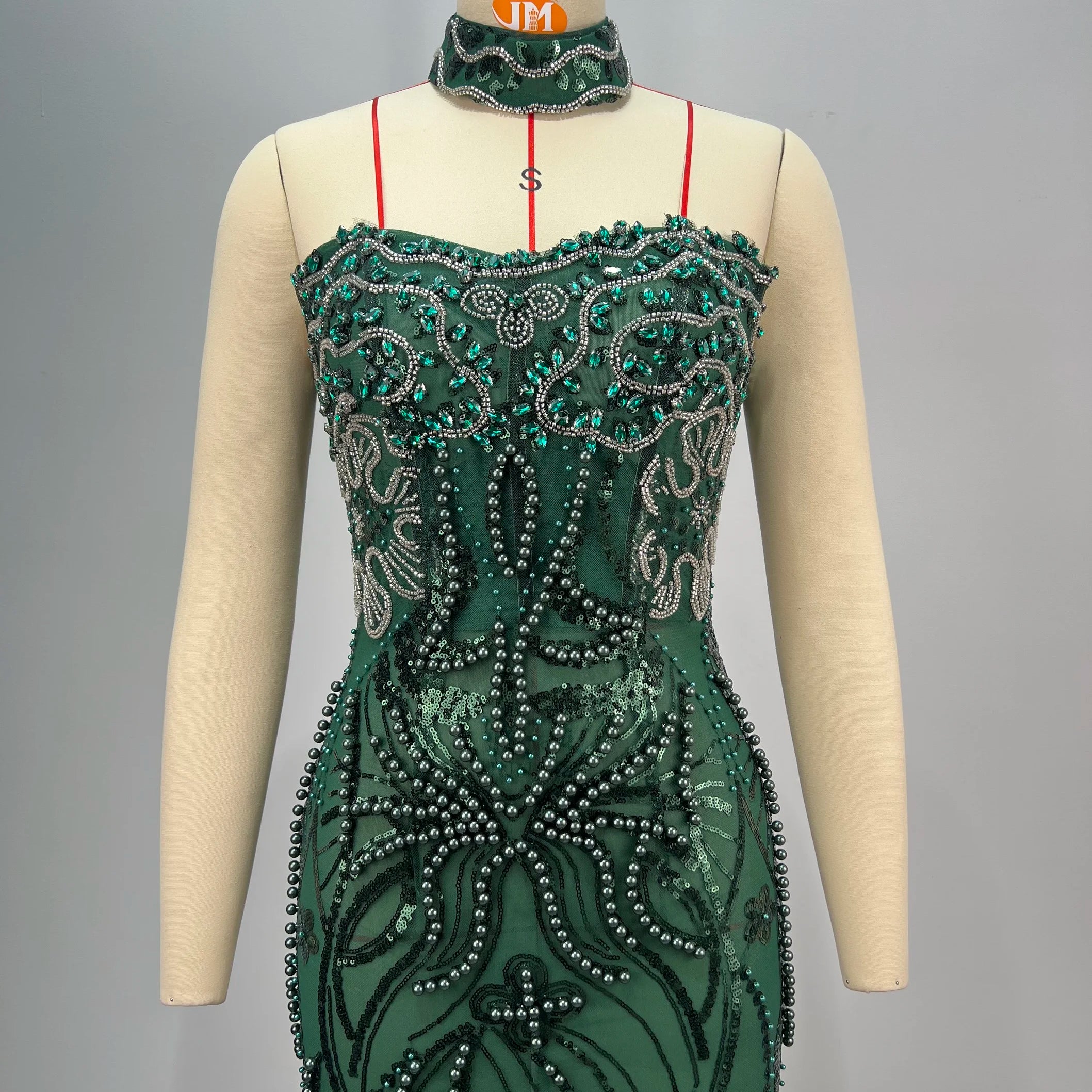 Dark Green Shining Sequin Neck Chain Strapless Ankle Length Dress Woman Cocktail Party Dress Celebrity Birthday Party Vestido