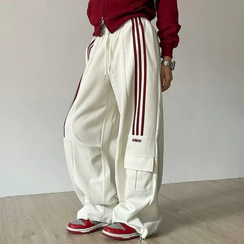 American Retro Lazy Style Wide Leg Pants Women Solid Stripes Elastic High Waist Drawstring Loose Casual Straight Sports Trousers Off White