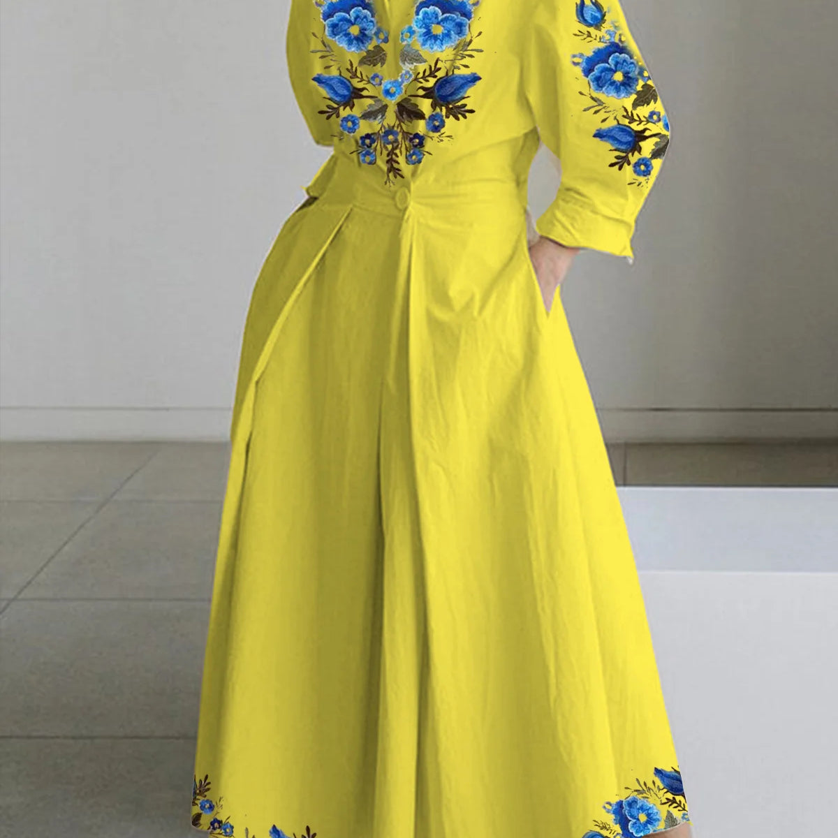 Plus Size Dress for Women Summer Elegant Lapel Oil Painting Button Shirt Dress Vestidos Casual 3/4 Sleeve Dress Party Vestido Yellow