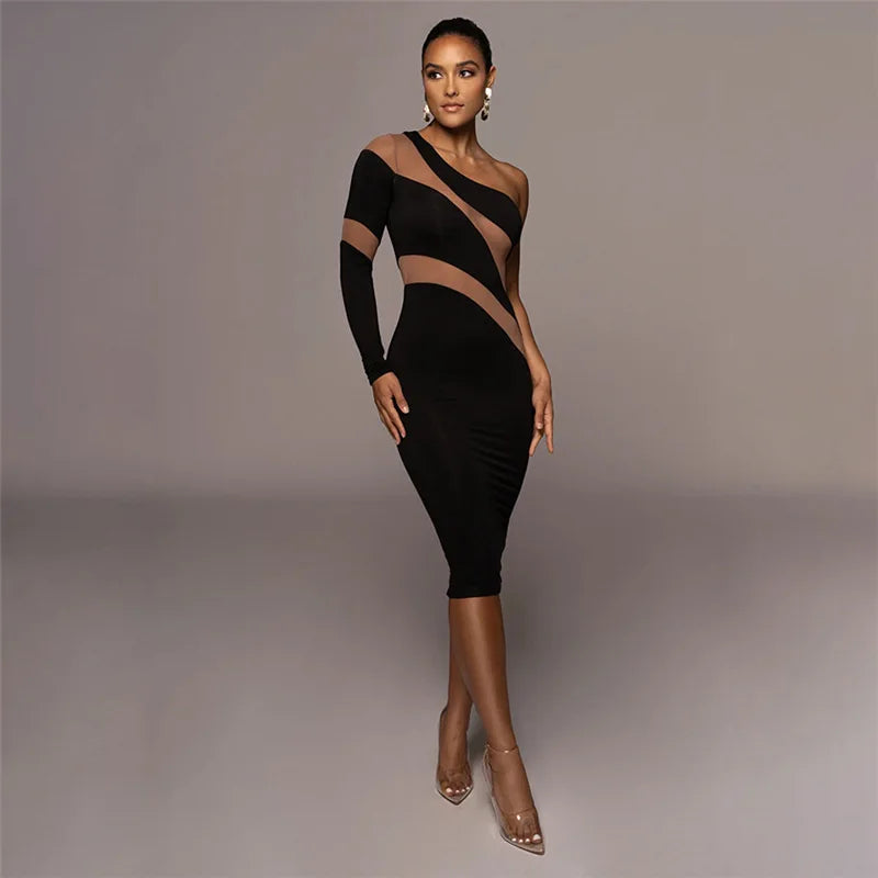 CNYISHE One Shoulder Mesh Sheer Midi Dress for Women Party Club Elegant Dresses Autumn Fashion Streetwear Sexy Slim Dress Robes Black