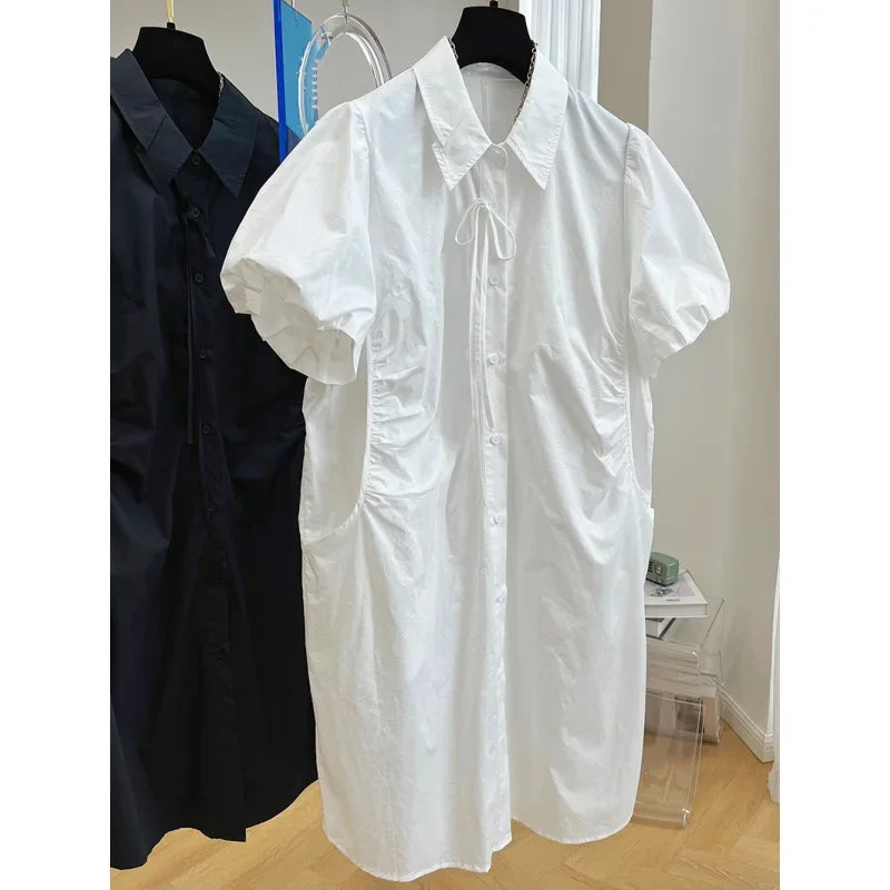 Loose Drawstring White Lantern Short Sleeve Shirt Dress Vestidos Elegantes Para Mujer Maxi Single Breasted Women es WHITE