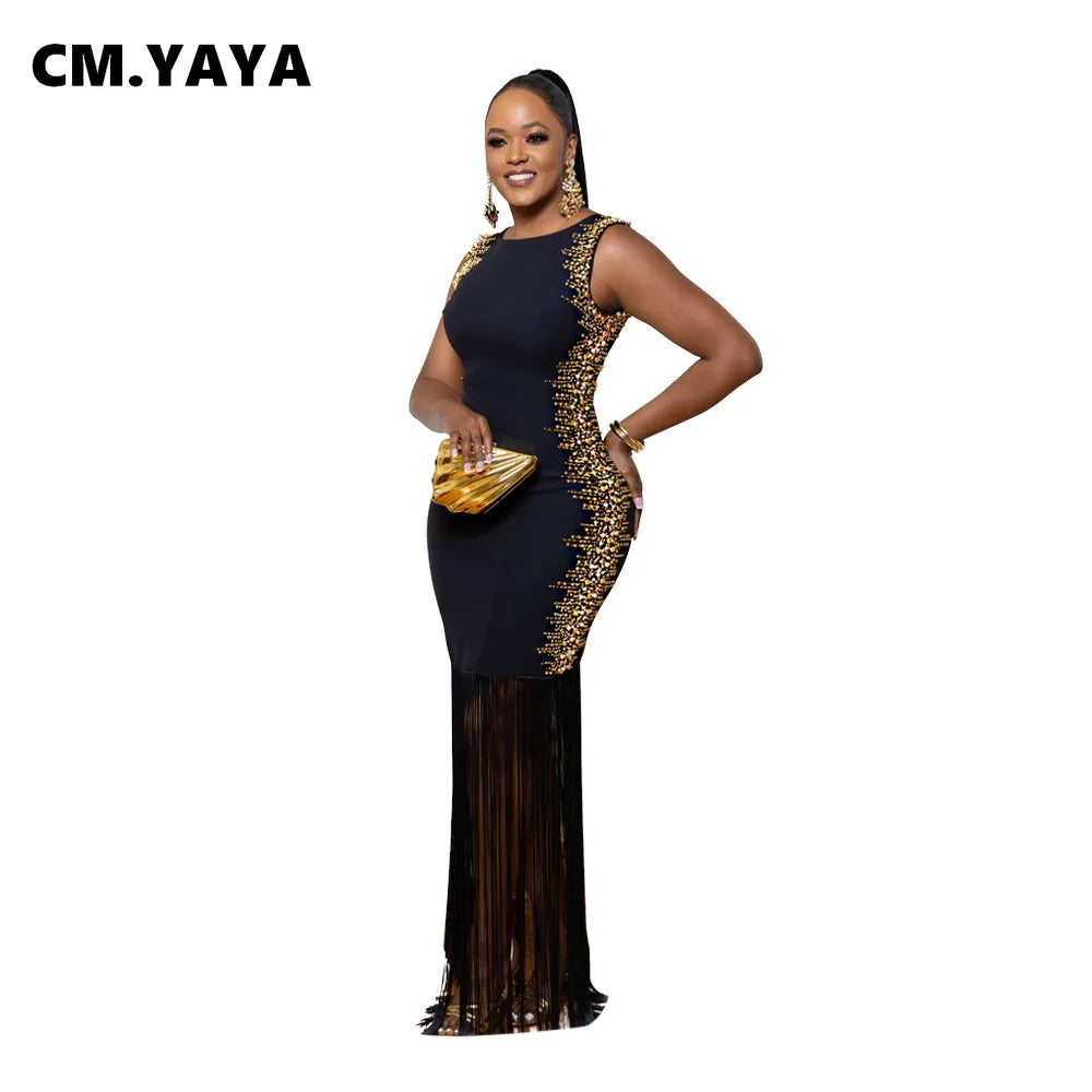 CM.YAYA Fall Diamonds Hot Rhinestones Tassel O-neck Women Sleeveless Bodycon Long Dress Birthday Party Evening Prom Maxi Dresses