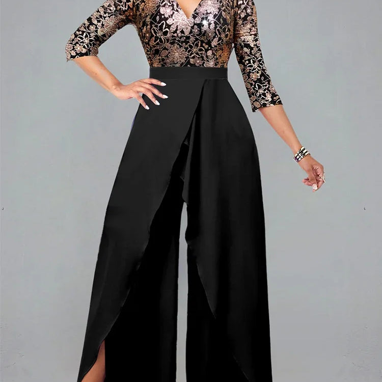 Sets Outifits 2023 Gilded Floral V-neck Loose Fitting Jumpsuit of One Fashion Casual Pieces for Women Elegant Female