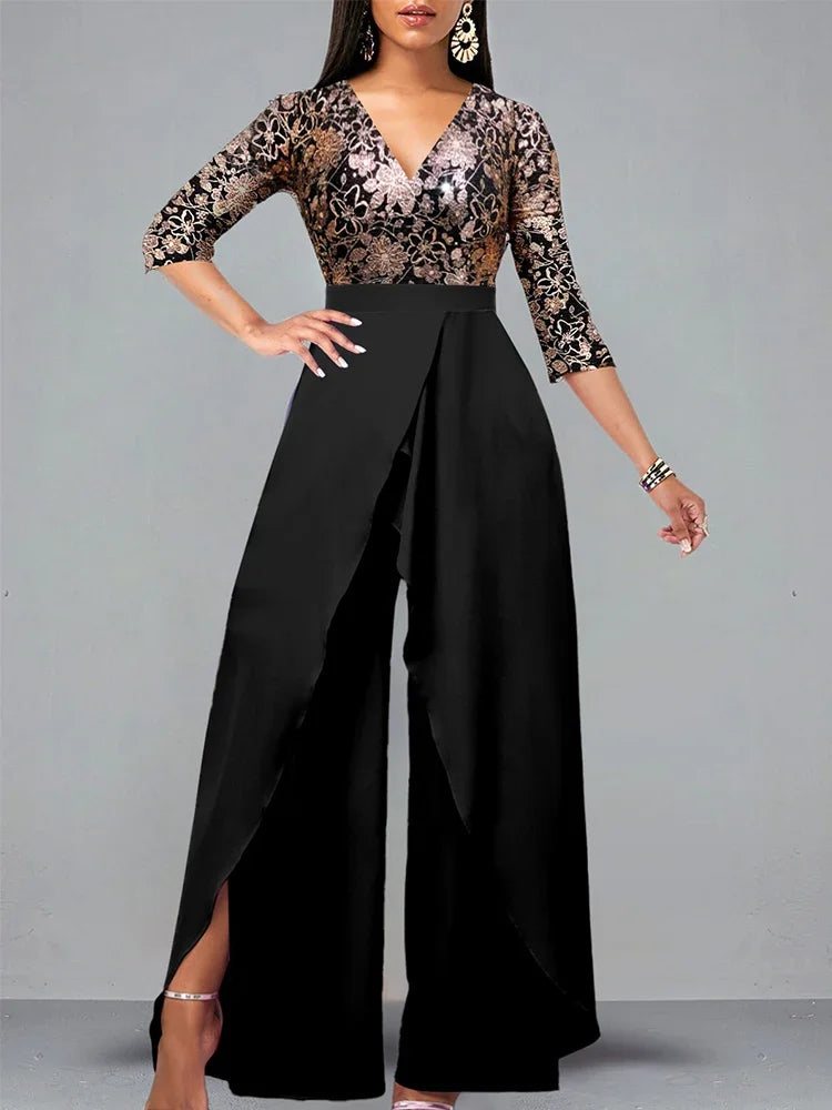 Sets Outifits 2023 Gilded Floral V-neck Loose Fitting Jumpsuit of One Fashion Casual Pieces for Women Elegant Female