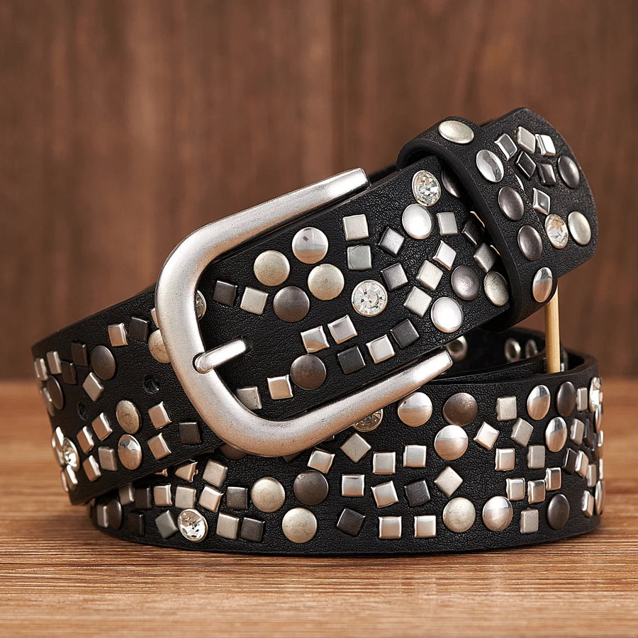 3.7CM PU Leather Rivet Belt Lady Fashion Rhinestone Women Studded Belts Female Rock Female Strap For Jeans Black