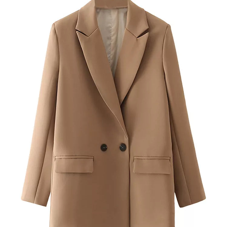 Women Chic Office Lady Double Breasted Blazer Vintage Coat Fashion Notched Collar Long Sleeve Ladies Outerwear Stylish Tops as picture 3