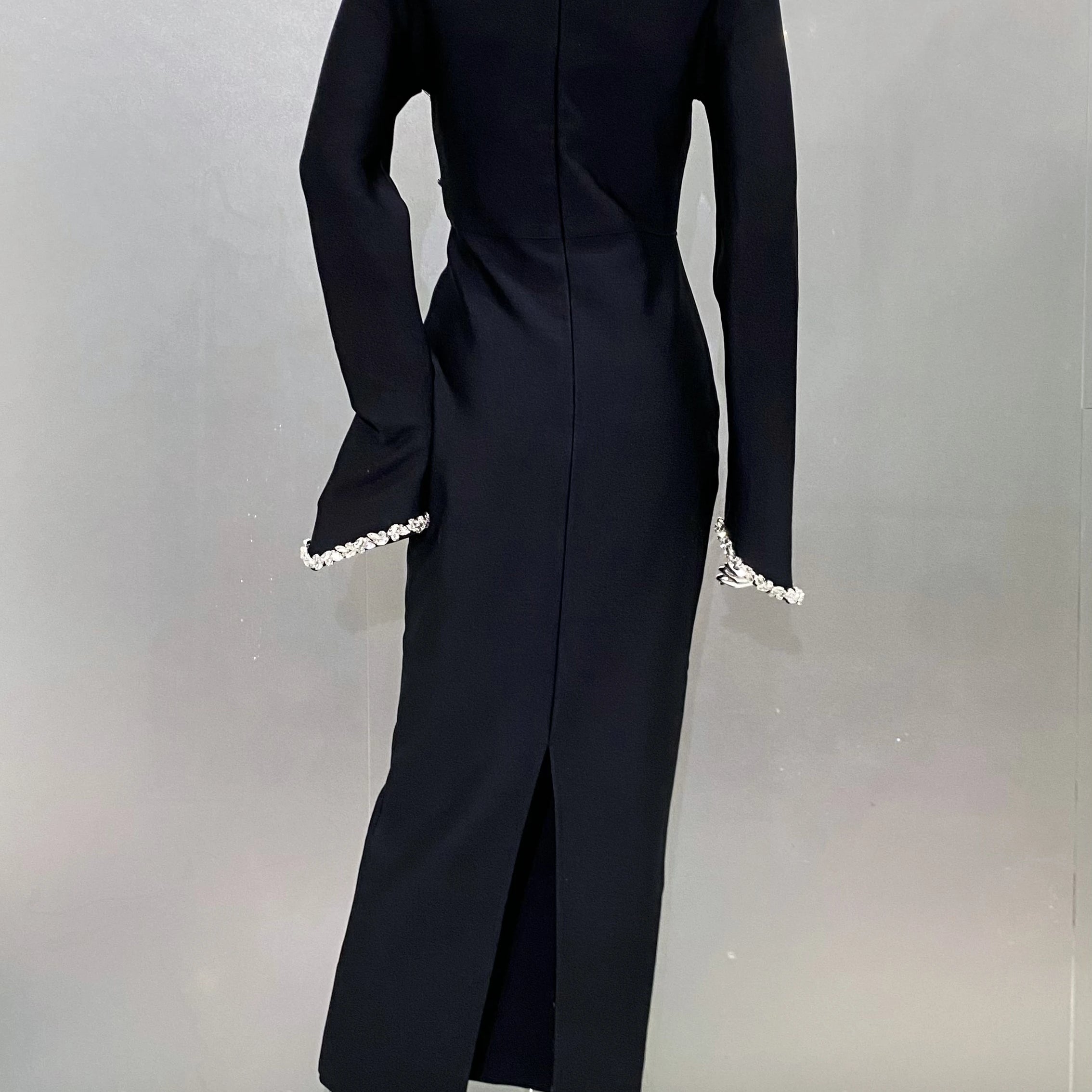 High Quality Shining Diamonds Half High Collar Black Long Bandage Dress Elegant Woman Evening Party Dress Cocktail Party Outfit