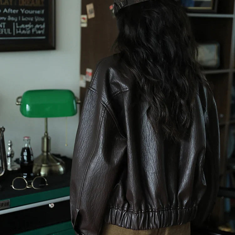 Spring Autumn Cool Handsome Short Brown Hard Pu Leather Jacket Women Zipper Long Sleeve Luxury Designer Clothes 2024