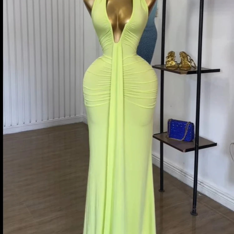 CM.YAYA Women Halter V-neck Stacked Ruched Backless Bodycon Midi Maxi Long Dress 2025 Vacation Birthday Sexy Party Club Dresses