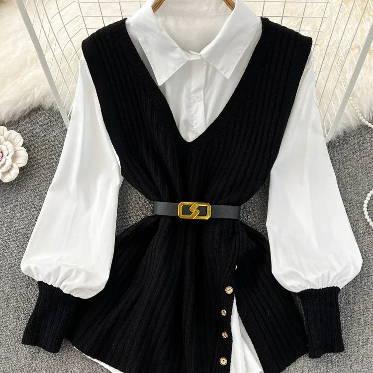 Loose White Shirt Long Sleeve Top Women's Belt Slit Knit Vest Korean Fashion Two Piece Set for Women Blouse Spring New black