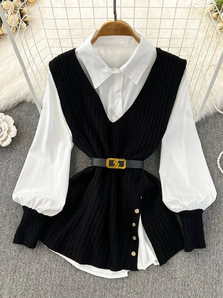 Loose White Shirt Long Sleeve Top Women's Belt Slit Knit Vest Korean Fashion Two Piece Set for Women Blouse Spring New black