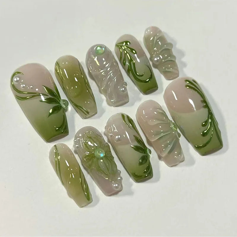 24 peças de pontas de unhas postiças de amêndoa doce, pintadas à mão, com padrão de flores e pérolas, blush rosa, unhas postiças estilo suave