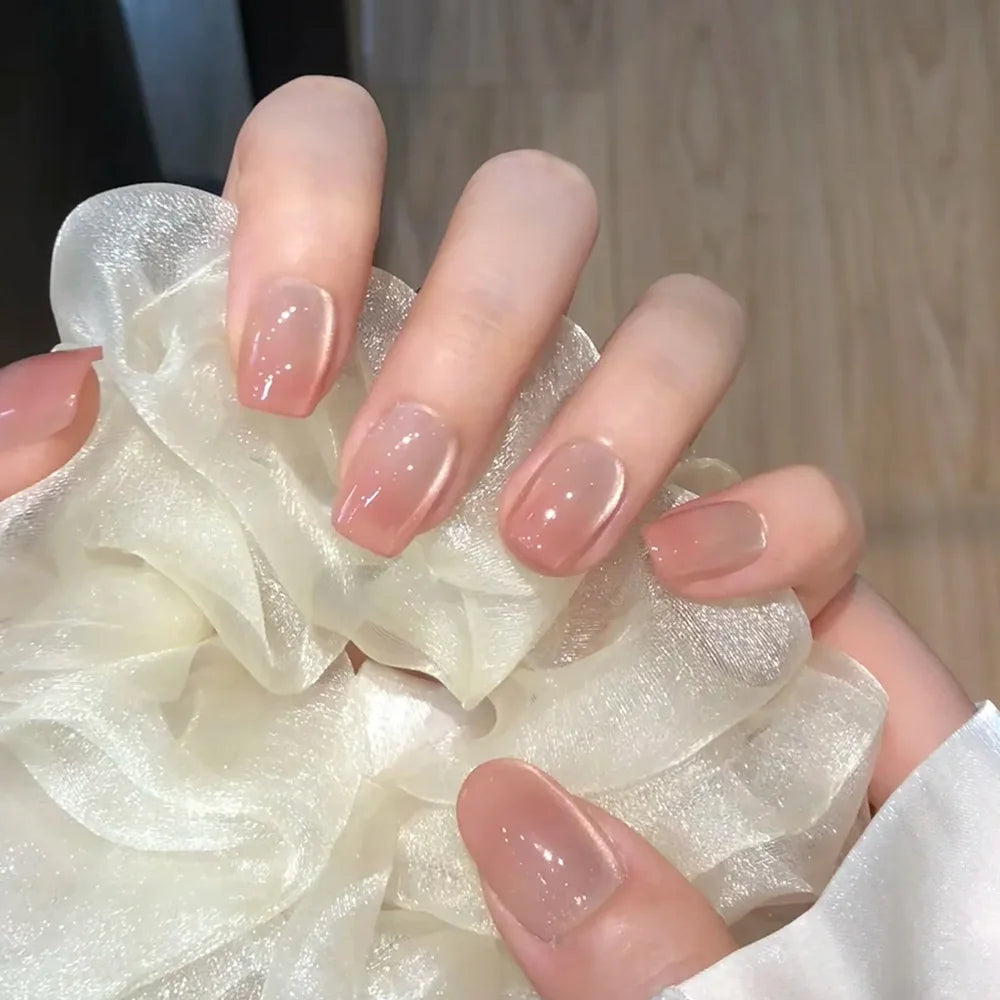 24Pcs  Gradient Color Fake Nail Simple Short Ballet Wearable False Nails with Cat Eye Design Press on Nails Full Cover Nail Tips