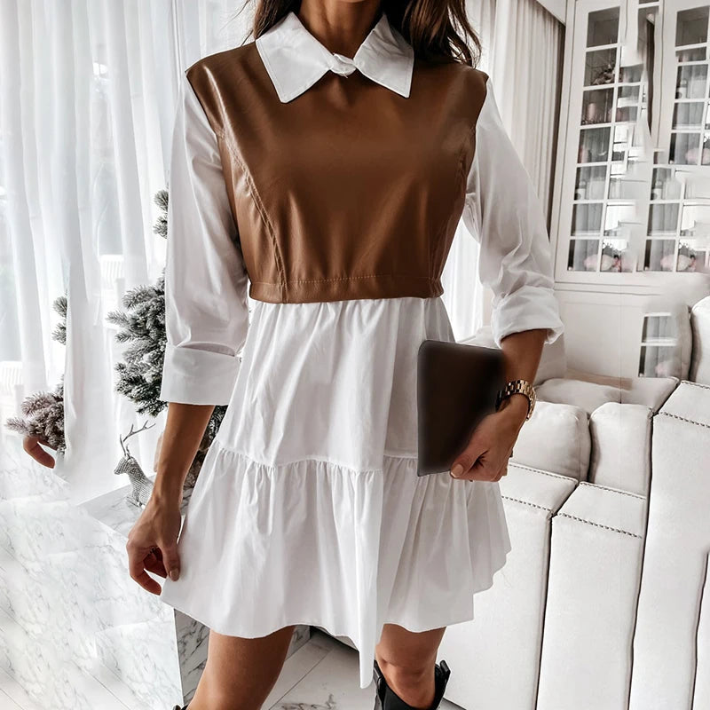 Casual Long Sleeve White Shirt Dress For Women Autumn PU Leather Patchwork Plaid Sweet Office Ladies Mini Dresses Vestidos