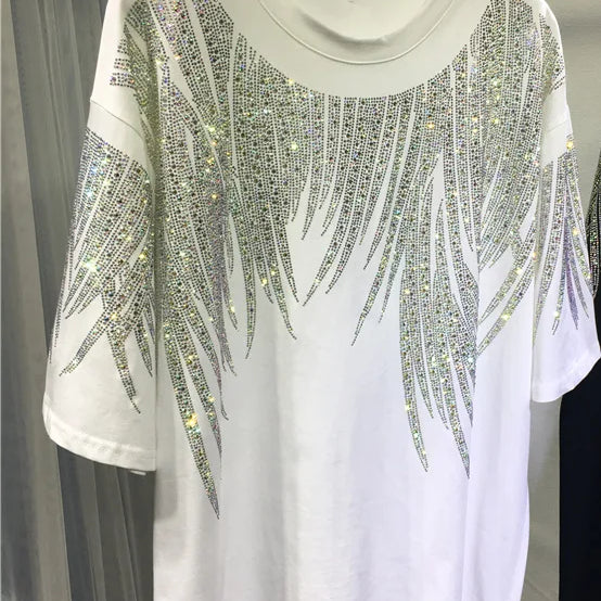 L-4XL Plus Size Tops Rhinestone Graphic T-shirts Luxury Large Size Tunic for Women Men Summer Cotton Women's Clothing Chubby Y2K 6343 White