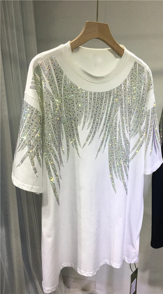 L-4XL Plus Size Tops Rhinestone Graphic T-shirts Luxury Large Size Tunic for Women Men Summer Cotton Women's Clothing Chubby Y2K 6343 White