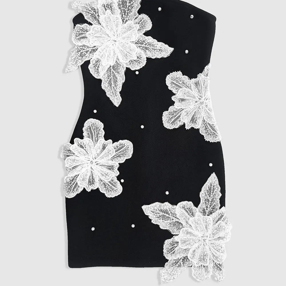 2024 Autumn Wome Strapless Sleeveless Sexy Bandage Dress With Three-Dimensional Flower Bead Design Bodycon Backless Mini Dress