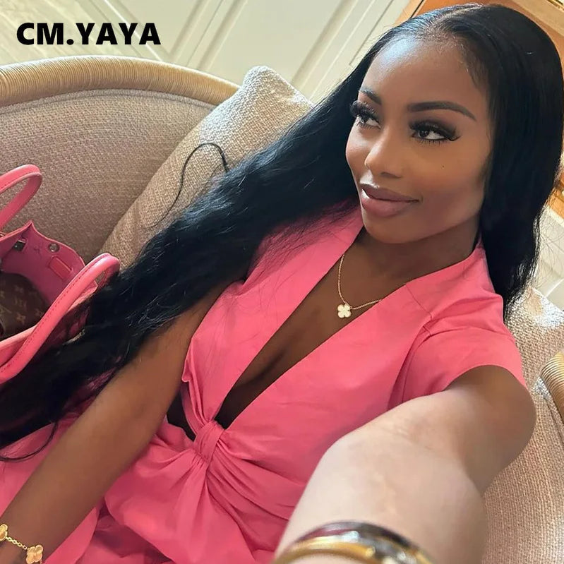 CM.YAYA Women Short Sleeve Tie Up Open Waist Deep V-neck Maxi Long Dress 2025 Summer Sexy Club Party Even Beach Vestidos Dresses