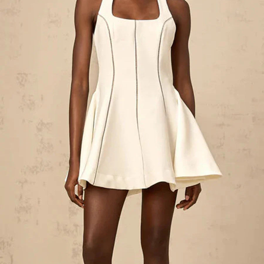 Solid Slimming Fashion Mini Dresses for Women Halter Neck Sleeveless Patchwork Bow Tunic Elegant Dress Female New