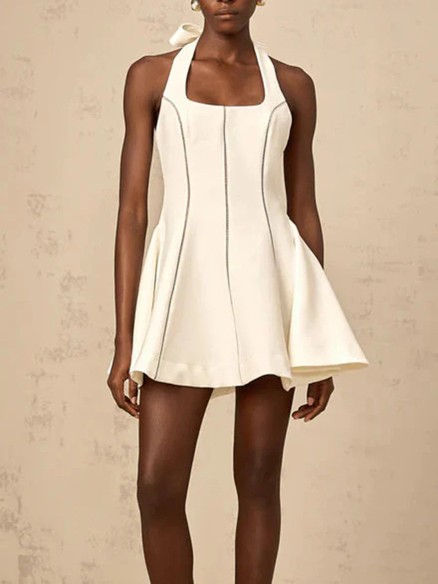 Solid Slimming Fashion Mini Dresses for Women Halter Neck Sleeveless Patchwork Bow Tunic Elegant Dress Female New