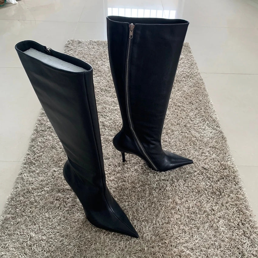 Brand Fashion Women Knee High Boots Zip Pointed Toe Footwear 10CM High Heels Female Long Boots Party Shoes Women