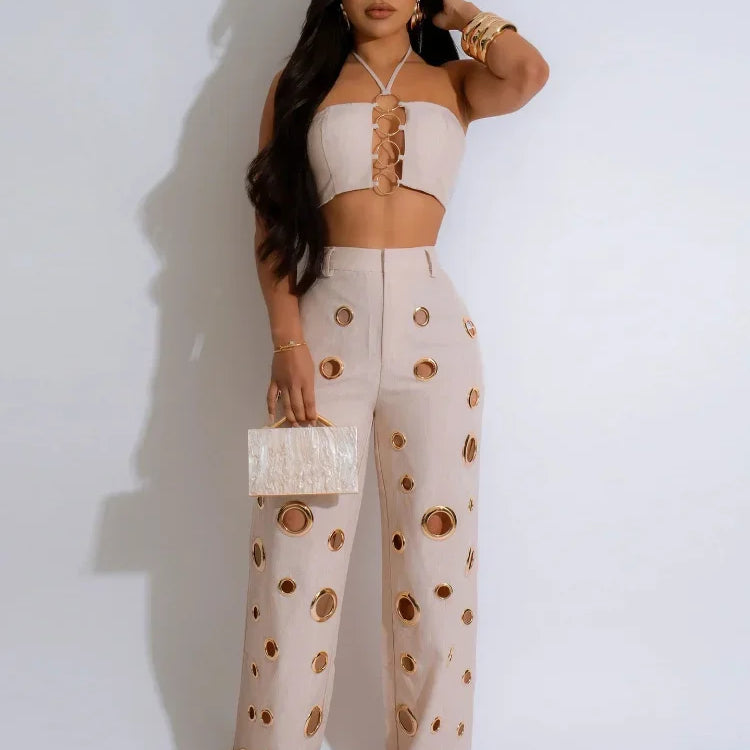CM.YAYA Women Set Sleeveless Strapless Tops +Wide Leg Pants Two 2 Piece Set Hole Hollow Out Outfit Summer Sexy Street Tracksuit