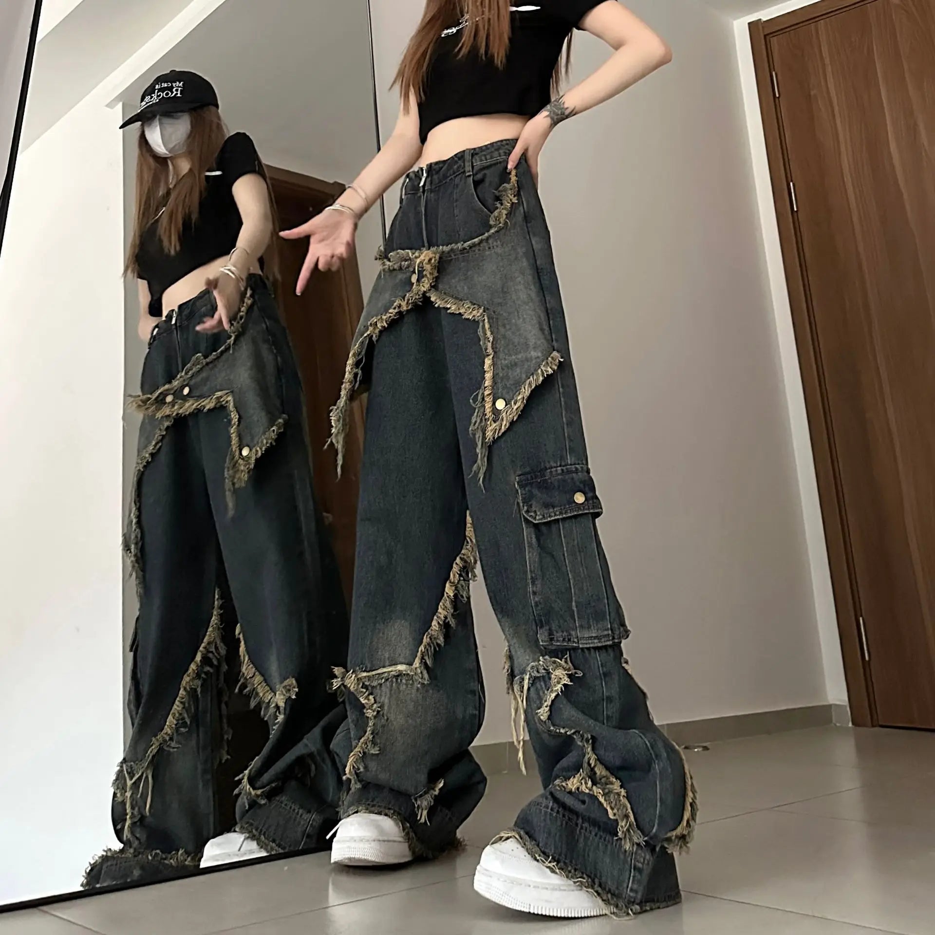 Cargo Jeans Pants Women Street Loose Oversize Panelled Pentacle Raw Hem Pant 2023 Vintage Blue Hip Hop Female Denim Trousers