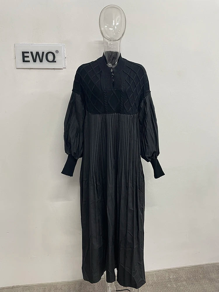 Vintage Black Hollow Out Knitted Patchwork Long Sleeve Pullover Dress Casual Loose Mid Long Vestidos Autumn Winter Black One Size