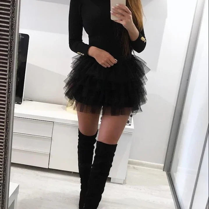 Mini Dress for Women 2023 Fashion Layered Ruffles Mesh Long Sleeve Sexy Party Skinny Dress Elegant Casual Female's Skirt Winter