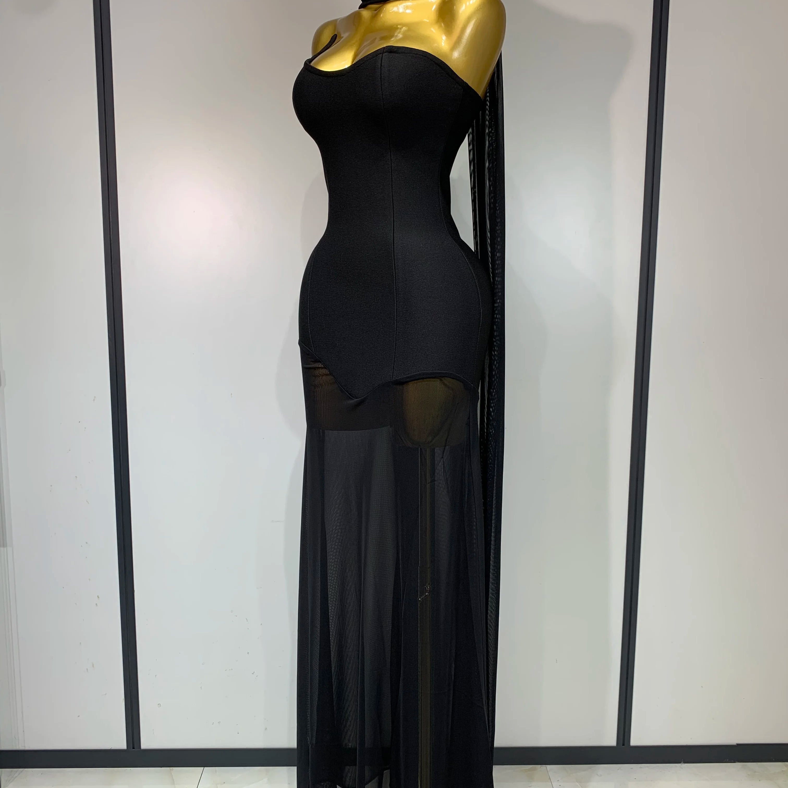 Sexy Strapless Long Bandage Dress Black Mesh Patchwork Elegant Women Blackless Evening Party Gowns Bodycon Birthday Dresses