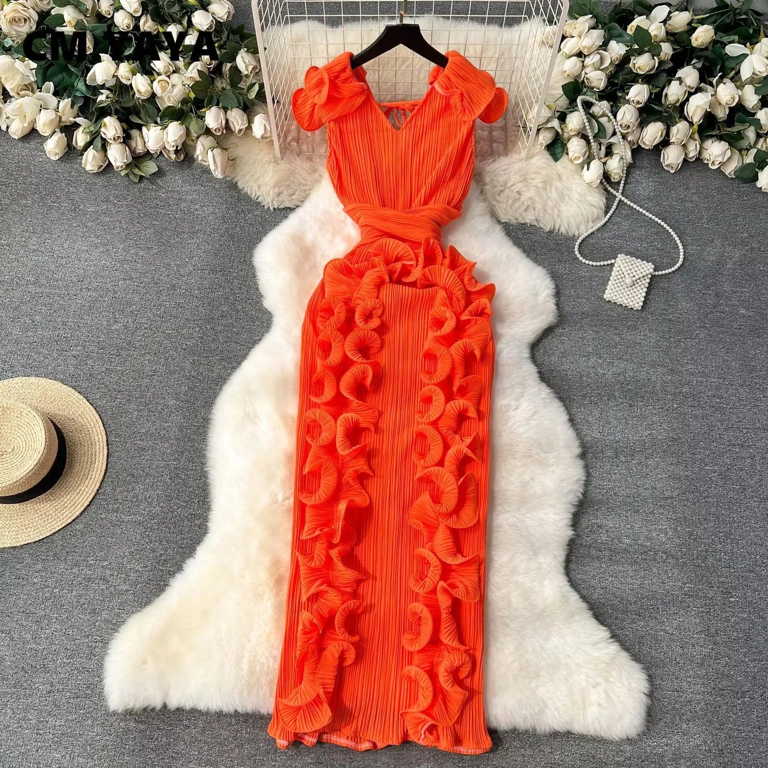 CM.YAYA Women Ruffles Splicing V-neck Sleeveless Bodycon Midi Pleated Maxi Long Dress 2025 Birthday Sexy Club Party Even Dresses orange One Size