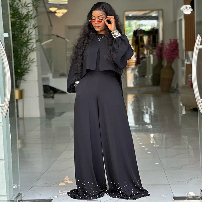 CM.YAYA Women's Set Long Sleeve High Low Maxi Blouse and Pearl Beading Wide Leg Pants 2025 Two 2 Piece Sets Outfits Tracksuit Black