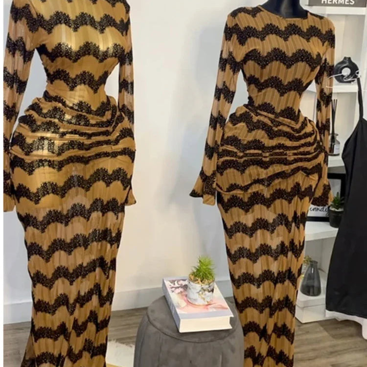 CM.YAYA Women Flare Full Sleeve Wave Striped Ruched Stacked Bodycon Midi Long Maxi Dress 2025 Evening Sexy Party Dresses Vestido