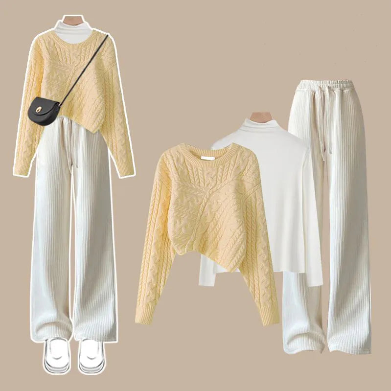 Autumn and Winter Set Women's 2023 New Korean Knitted Sweater Women's Underlay Casual Pants Three Piece Set Winter Clothes Women Three piece set 3